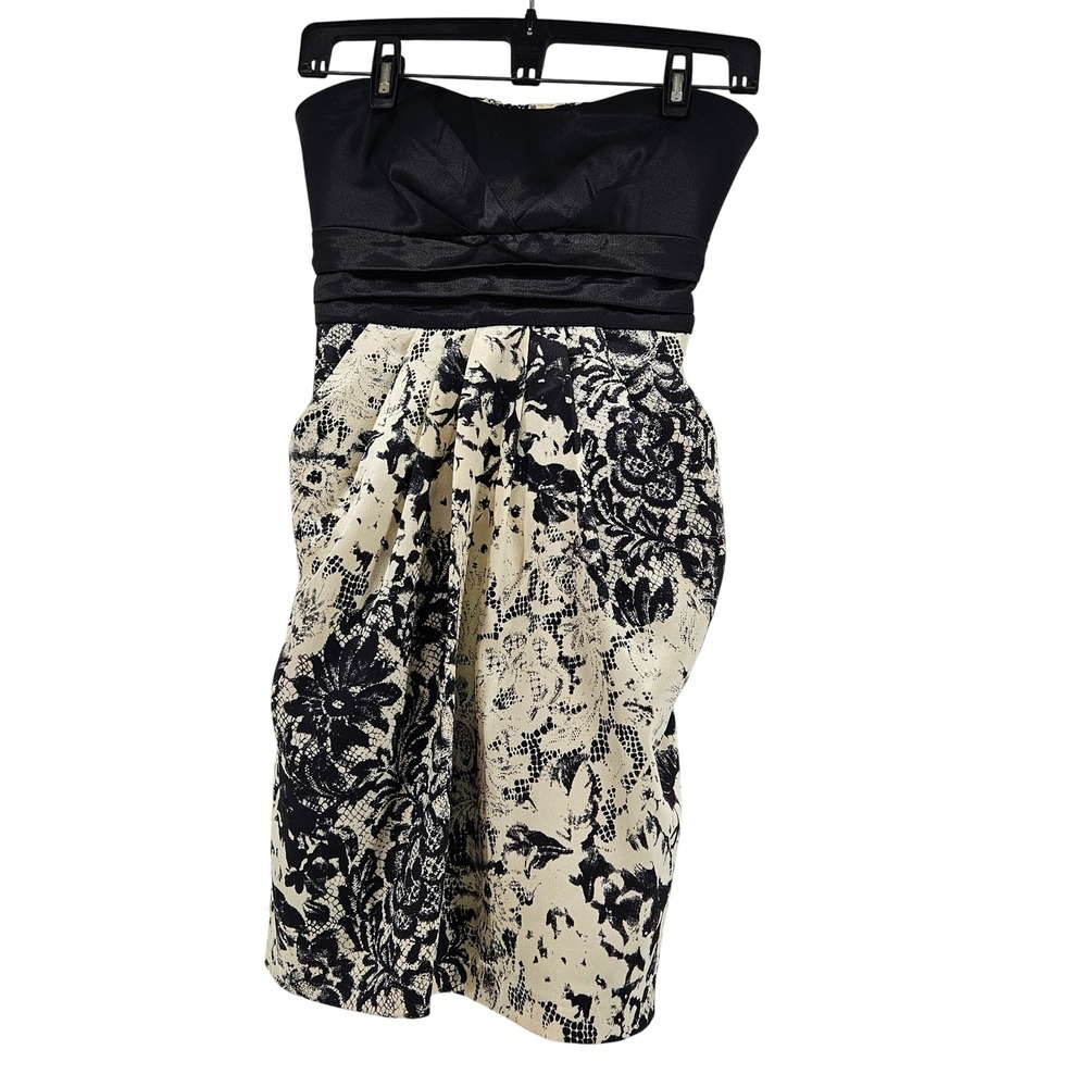 Y2K Black Ivory Floral Lace Strapless Cocktail Mini Dress Size 7 Mardi Gras Prom
